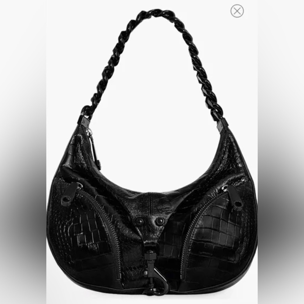NWOT Rebecca Minkoff Julian Croc Embossed Croissant Crescent Black Shoulder Bag